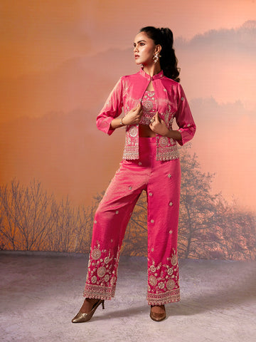Rose Pink Silk Embroidered Co-ord