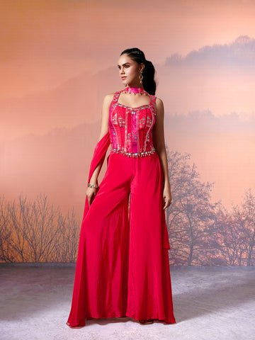Hot Pink Georgette Embroidered Set
