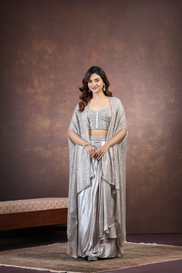 Silver Indo-Western Set with Cutdana Sequin Embellishments