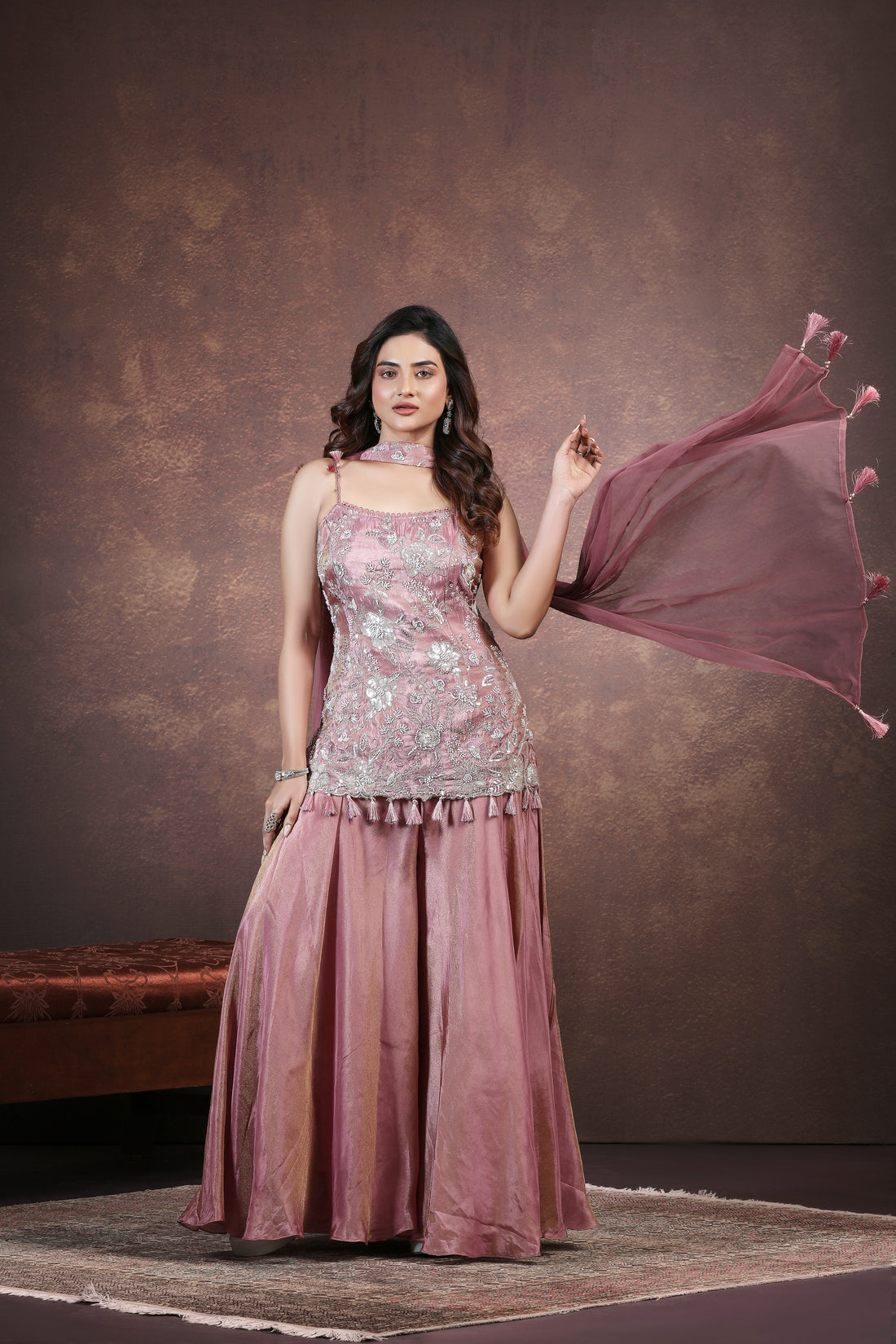 Soft Dusty Pink Palazzo Set with Pearl & Sequin Embellishments