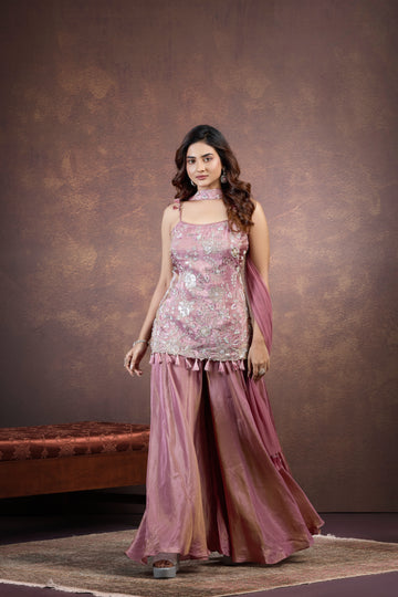 Soft Dusty Pink Palazzo Set with Pearl & Sequin Embellishments