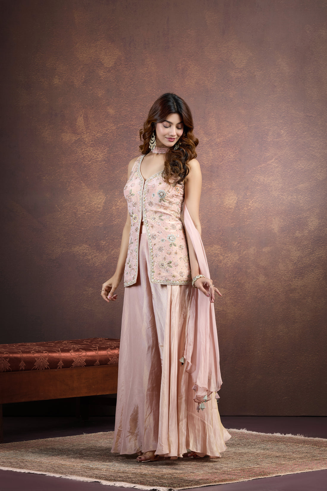 Peach Palazzo Set with Pearl & Cutdana Embellishments