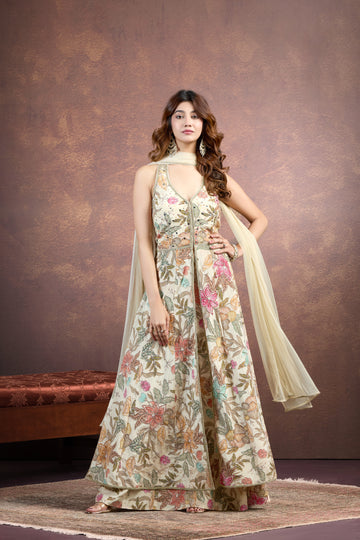 Beige Indo-Western Set with Multicolour Prints & Aari Work