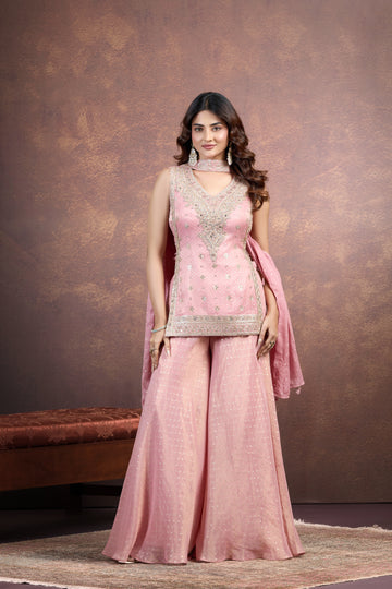 Radiant Pink Palazzo Set with Multi-Embellished Aari & Cutdana Work