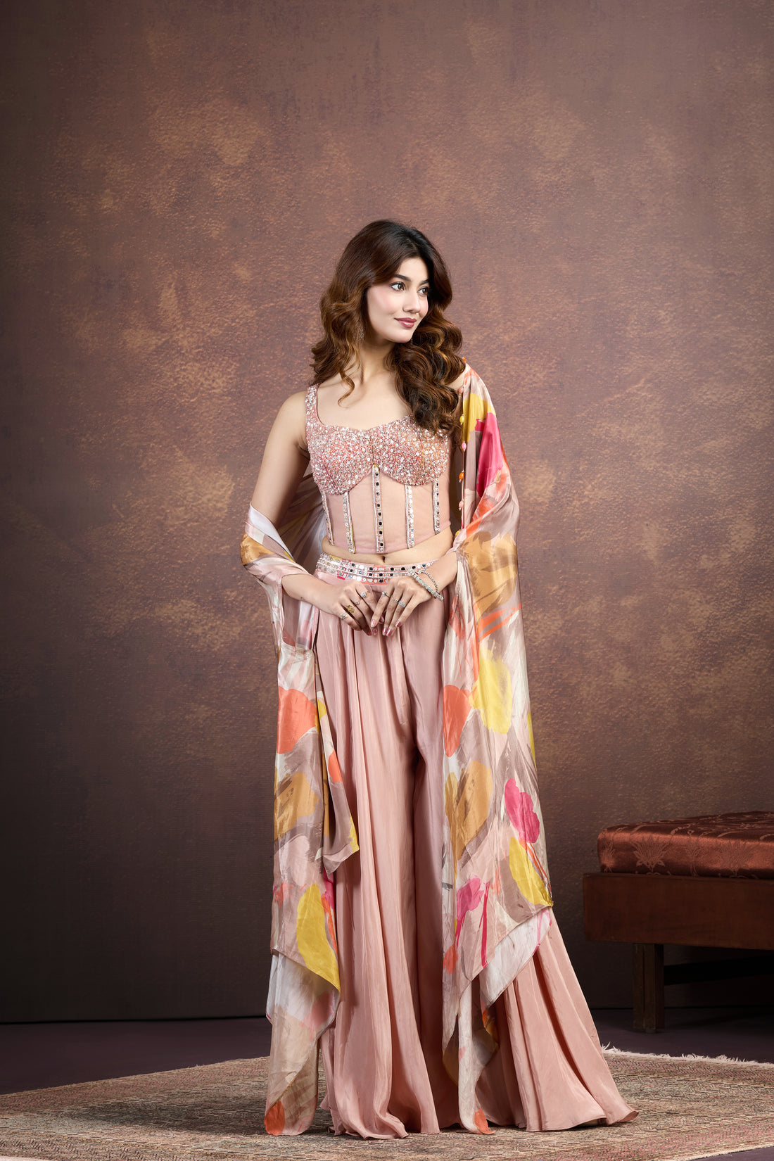 Peach Indo-Western Set with Printed Jacket