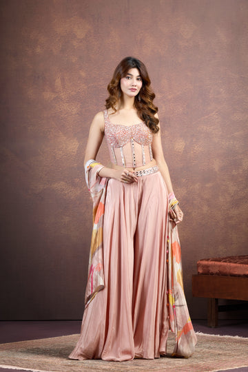 Peach Indo-Western Set with Printed Jacket