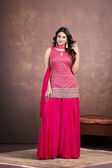 Vibrant Pink Palazzo Set with Bandhani & Embellished Detailing