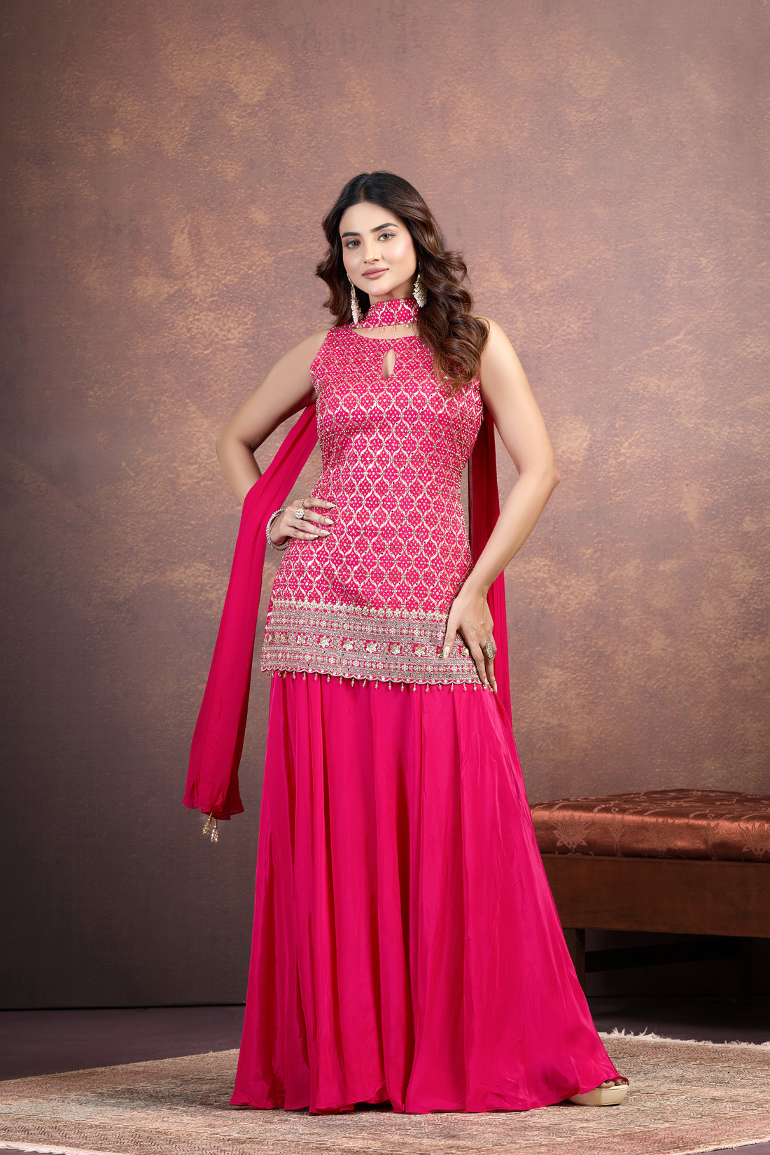 Vibrant Pink Palazzo Set with Bandhani & Embellished Detailing