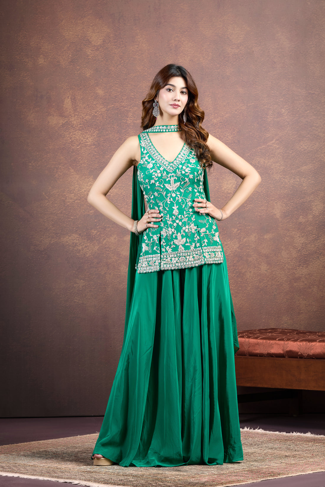 Green Palazzo Set with Sequin, Cutdana & Pearl Embellishments
