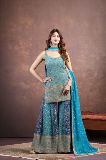 Peacock Blue Palazzo Set with Aari & Sequin Work