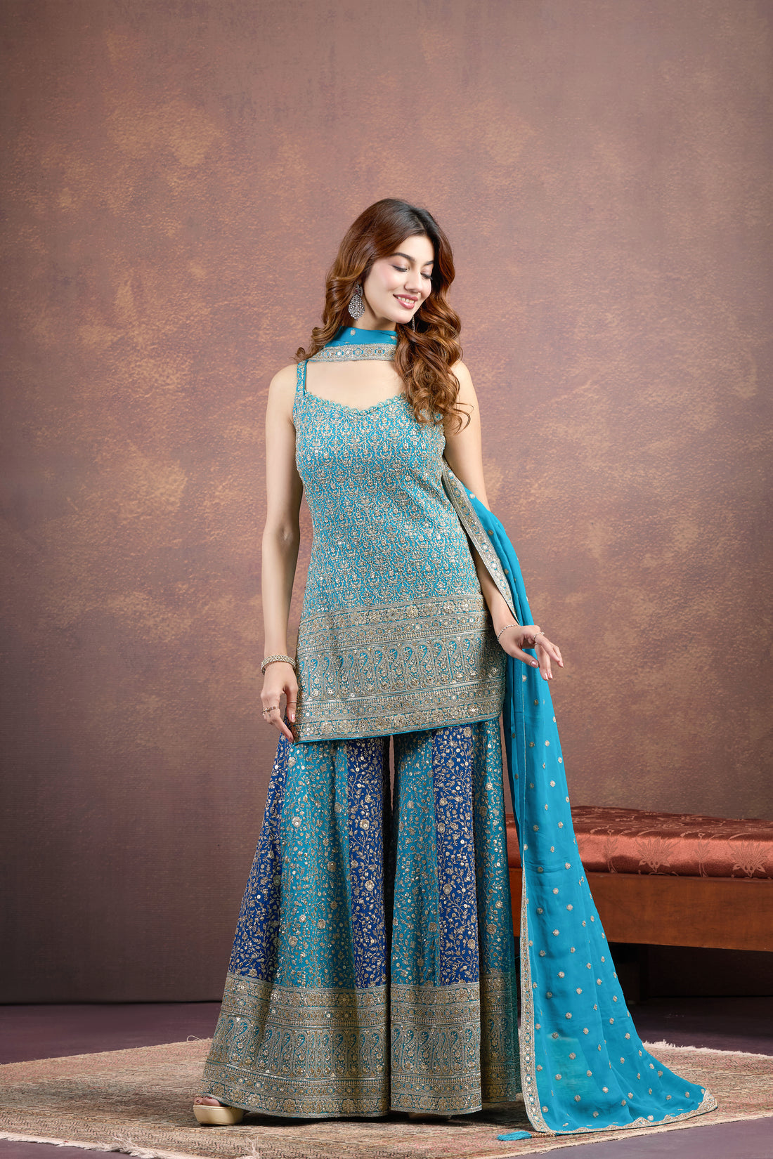 Peacock Blue Palazzo Set with Aari & Sequin Work