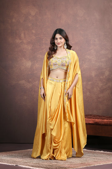 Yellow Indo-Western Dhoti Set with Thread, Sequin & Cutdana Work