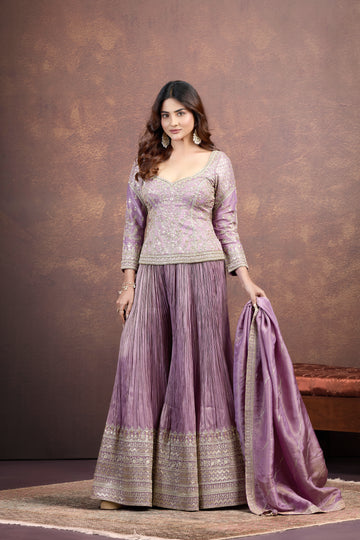 Graceful Lavender Palazzo Set with Aari, Sequin & Pearl Work