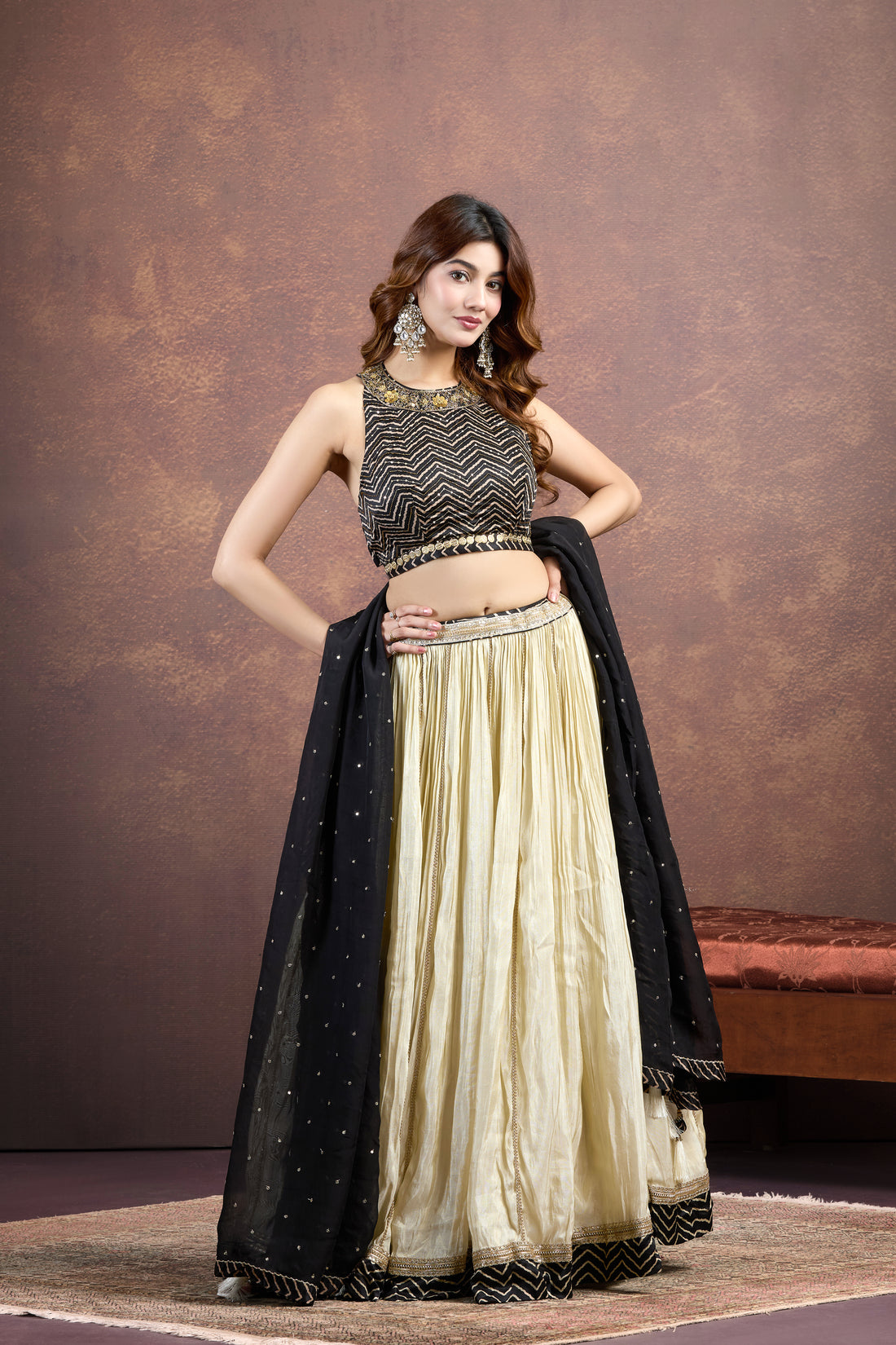 Classic Cream & Black Lehenga Set with Printed & Embroidered Detailing