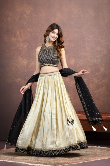 Classic Cream & Black Lehenga Set with Printed & Embroidered Detailing