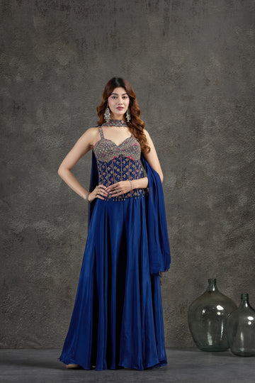 Purple Indo-Western Set with Pearl, Aari & Resham Work