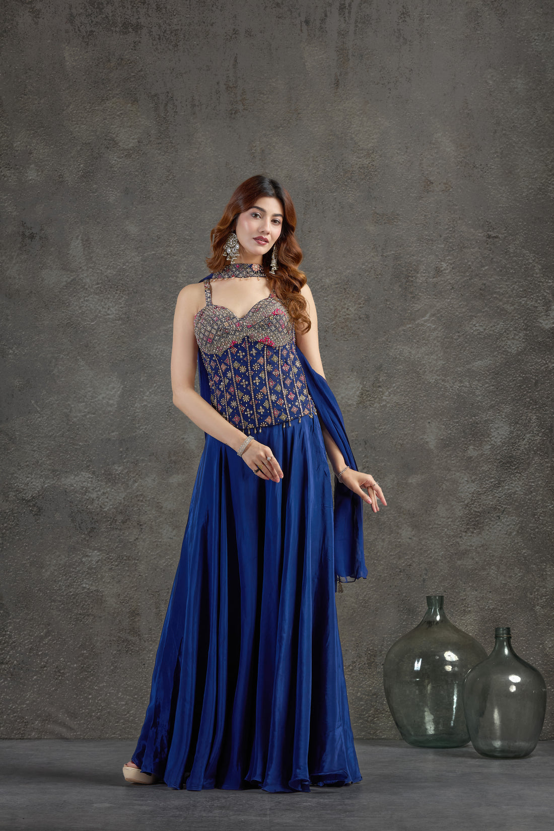 Purple Indo-Western Set with Pearl, Aari & Resham Work