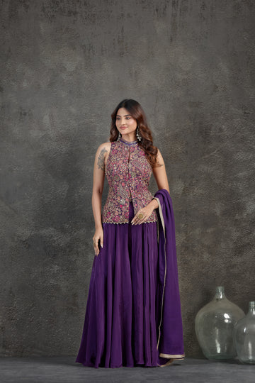 Wine Plazzo Set with Resham, Mirror & Pearl Embellishments