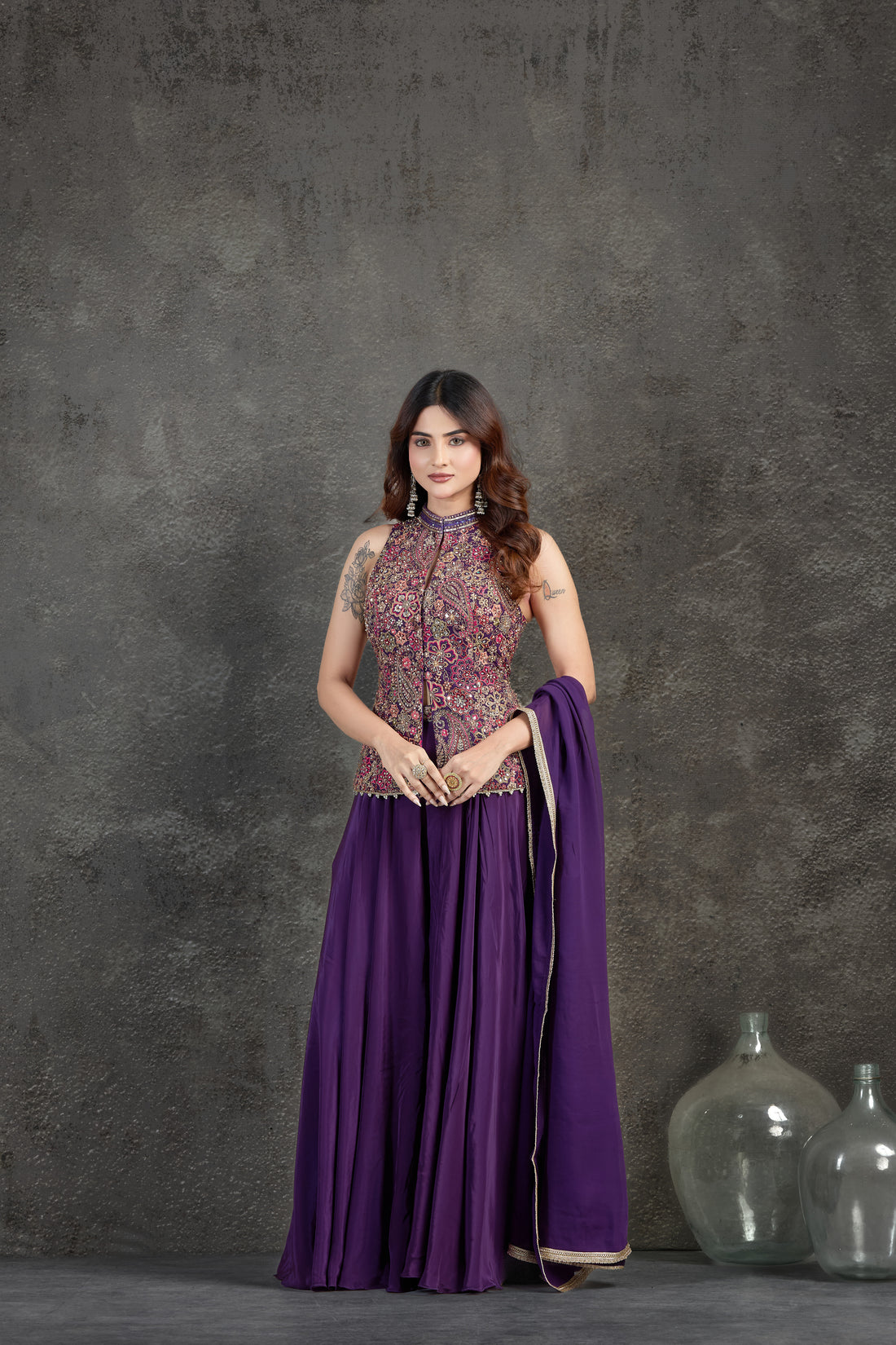 Wine Plazzo Set with Resham, Mirror & Pearl Embellishments