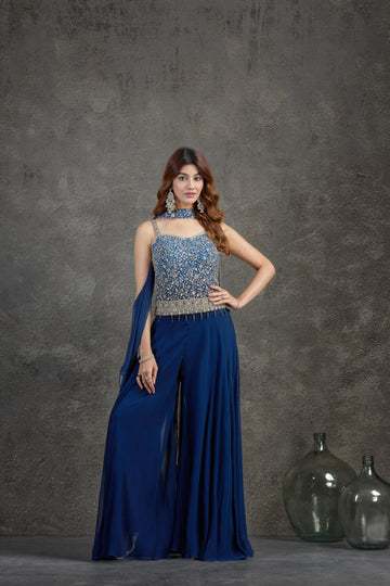 Elegant Blue Indo-Western Set with Aari, Cutdana & Mirror Work