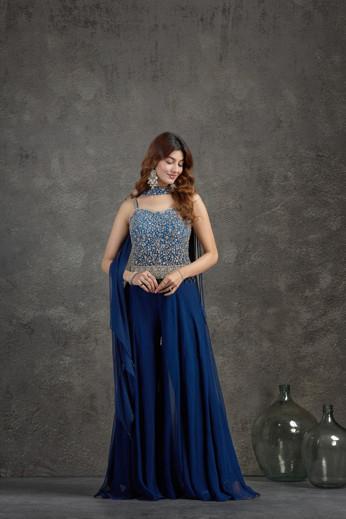 Elegant Blue Indo-Western Set with Aari, Cutdana & Mirror Work