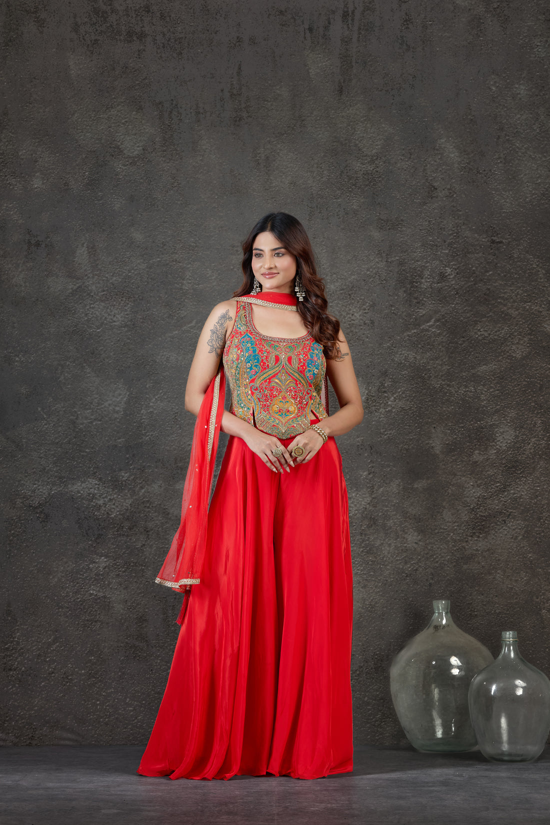 Bold Red Indo-Western Set with Zardosi, Thread & Resham Work