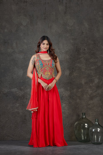Bold Red Indo-Western Set with Zardosi, Thread & Resham Work