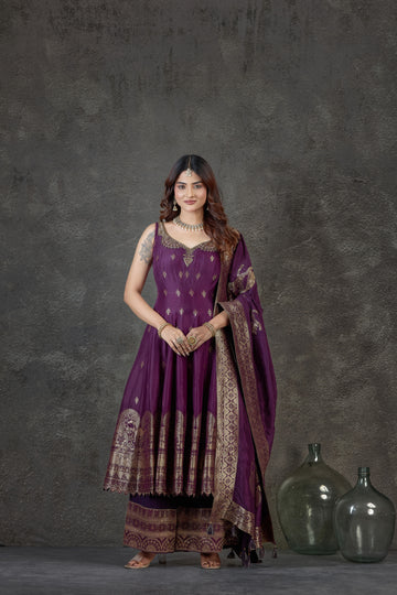 Royal Purple Anarkali Set with Banarasi Detailing