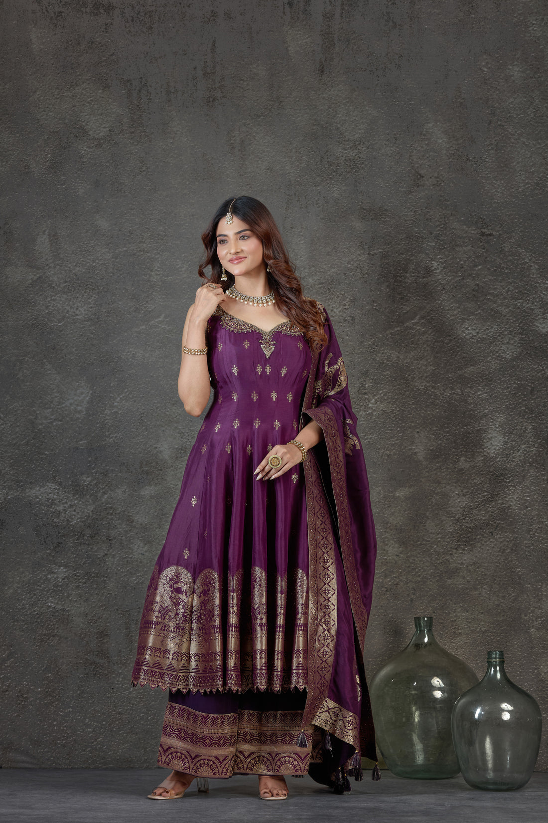 Royal Purple Anarkali Set with Banarasi Detailing