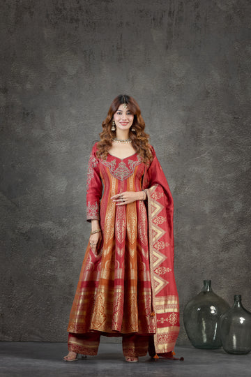 Rust Anarkali Set with Banarasi Detailing