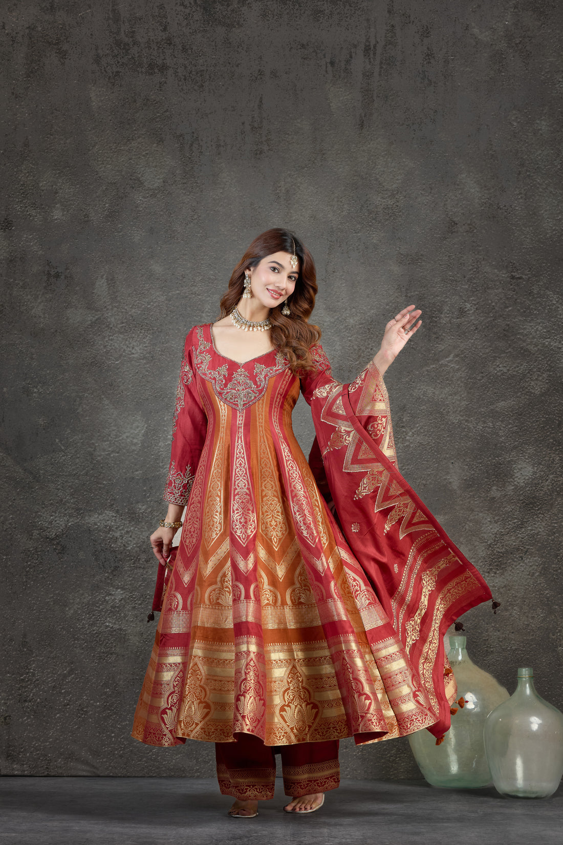 Rust Anarkali Set with Banarasi Detailing