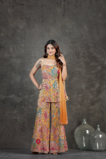 Radiant Yellow Palazzo Set with Aari, Sequin & Pearl Embellishments