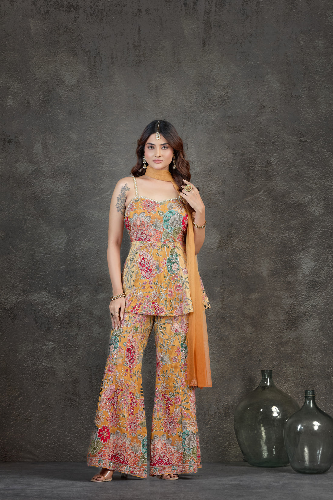 Radiant Yellow Palazzo Set with Aari, Sequin & Pearl Embellishments