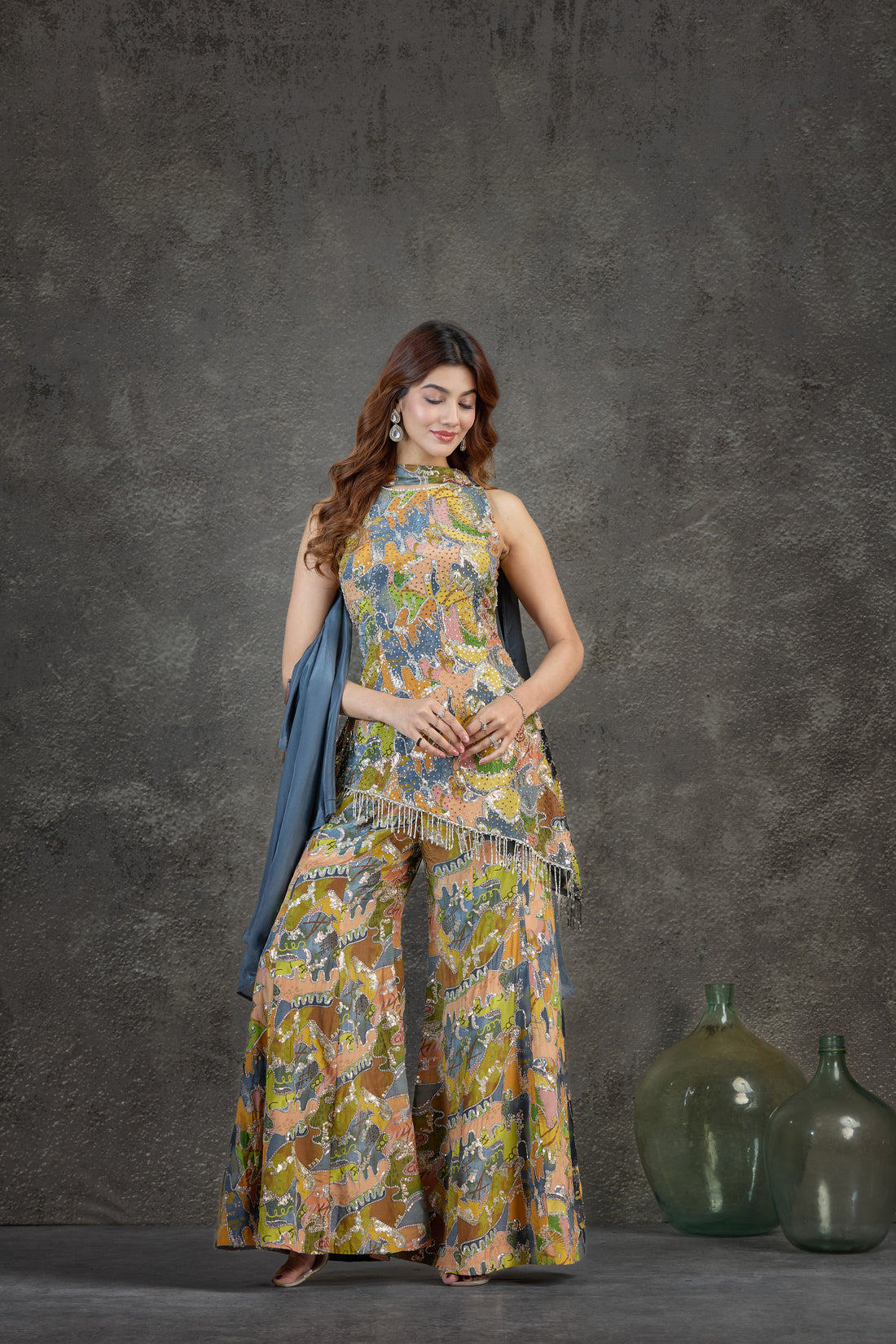Multicolour Plazzo Set with Aari, Sequin & Pearl Detailing