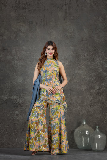 Multicolour Plazzo Set with Aari, Sequin & Pearl Detailing