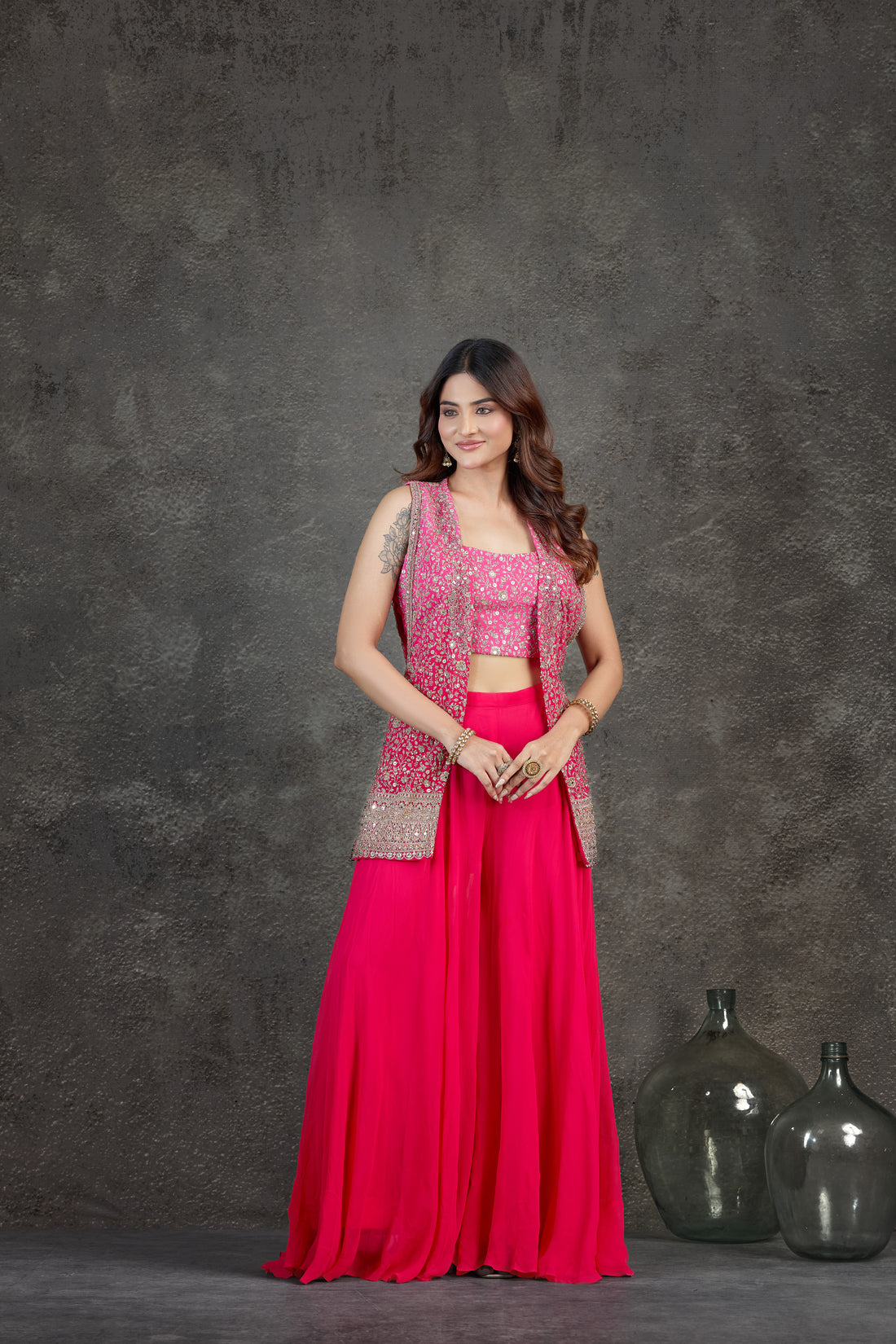 Pink Ombre Indo-Western Set with Aari & Mirror Work