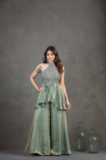 Green Indo-Western Set with Zardosi & Cutdana Work
