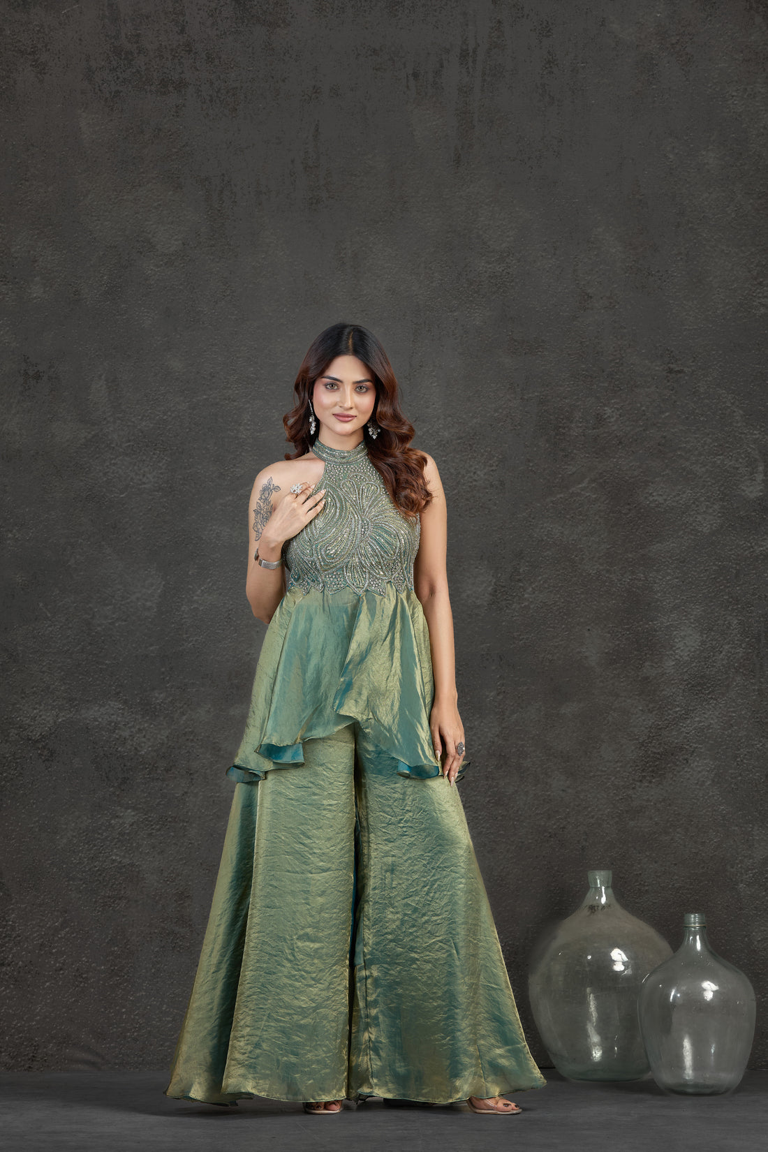 Green Indo-Western Set with Zardosi & Cutdana Work