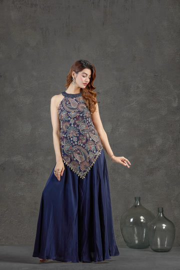 Blue Indo-Western Set with Cutdana & Aari Work