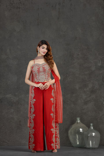 Elegant Rust Indo-Western Set with Aari, Mirror Work