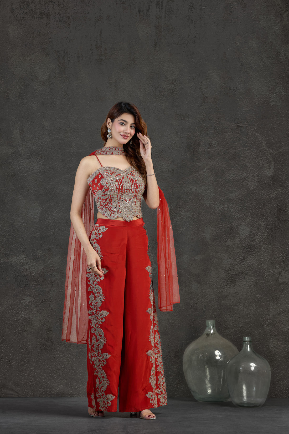 Elegant Rust Indo-Western Set with Aari, Mirror Work