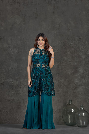 Blue Indo-Western Set with Sequin & Cutdana Detailing