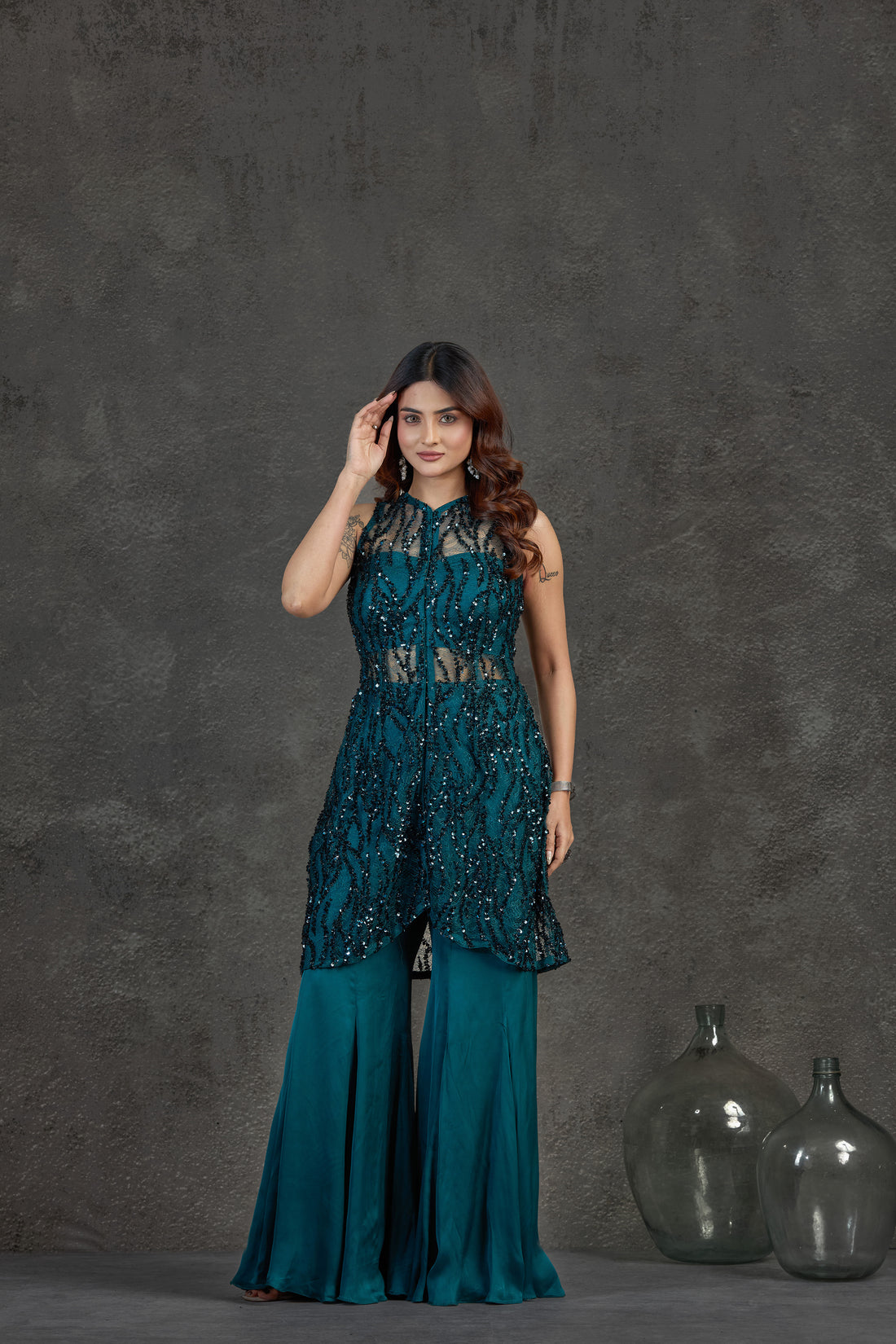 Blue Indo-Western Set with Sequin & Cutdana Detailing