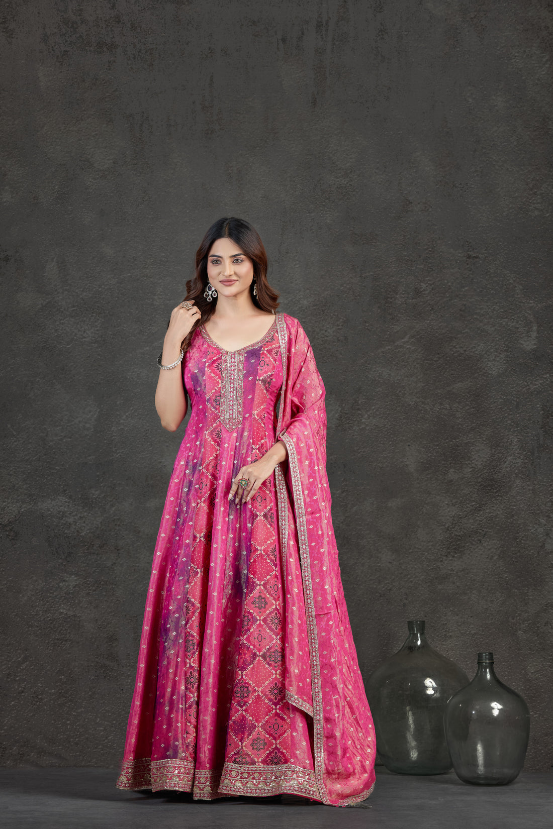 Rani Pink Anarkali Set with Elegant Printed Detailing