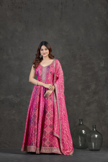 Rani Pink Anarkali Set with Elegant Printed Detailing