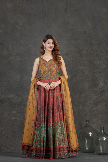 Elegant Rust & Mustard Anarkali Set with Printed & Embroidered Detailing