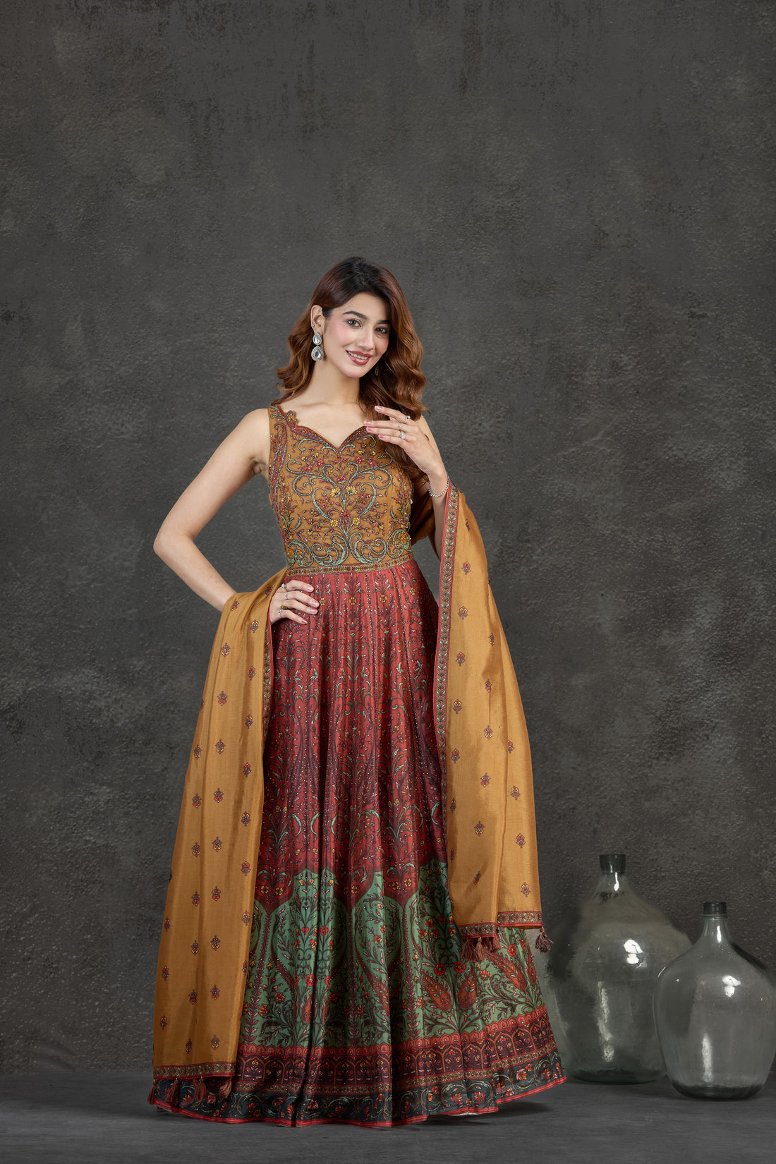 Elegant Rust & Mustard Anarkali Set with Printed & Embroidered Detailing