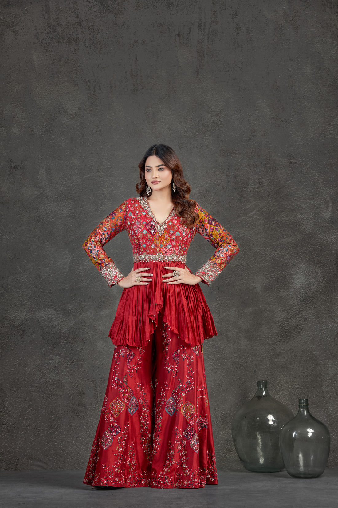Regal Rust Indo-Western Set with Multi-Handcrafted Embellishments