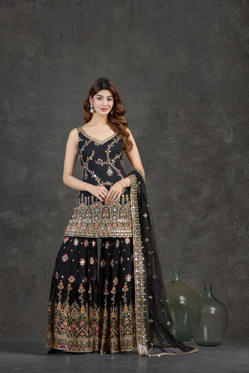 Black Gharara Set with Aari & Multicolour Thread Detailing