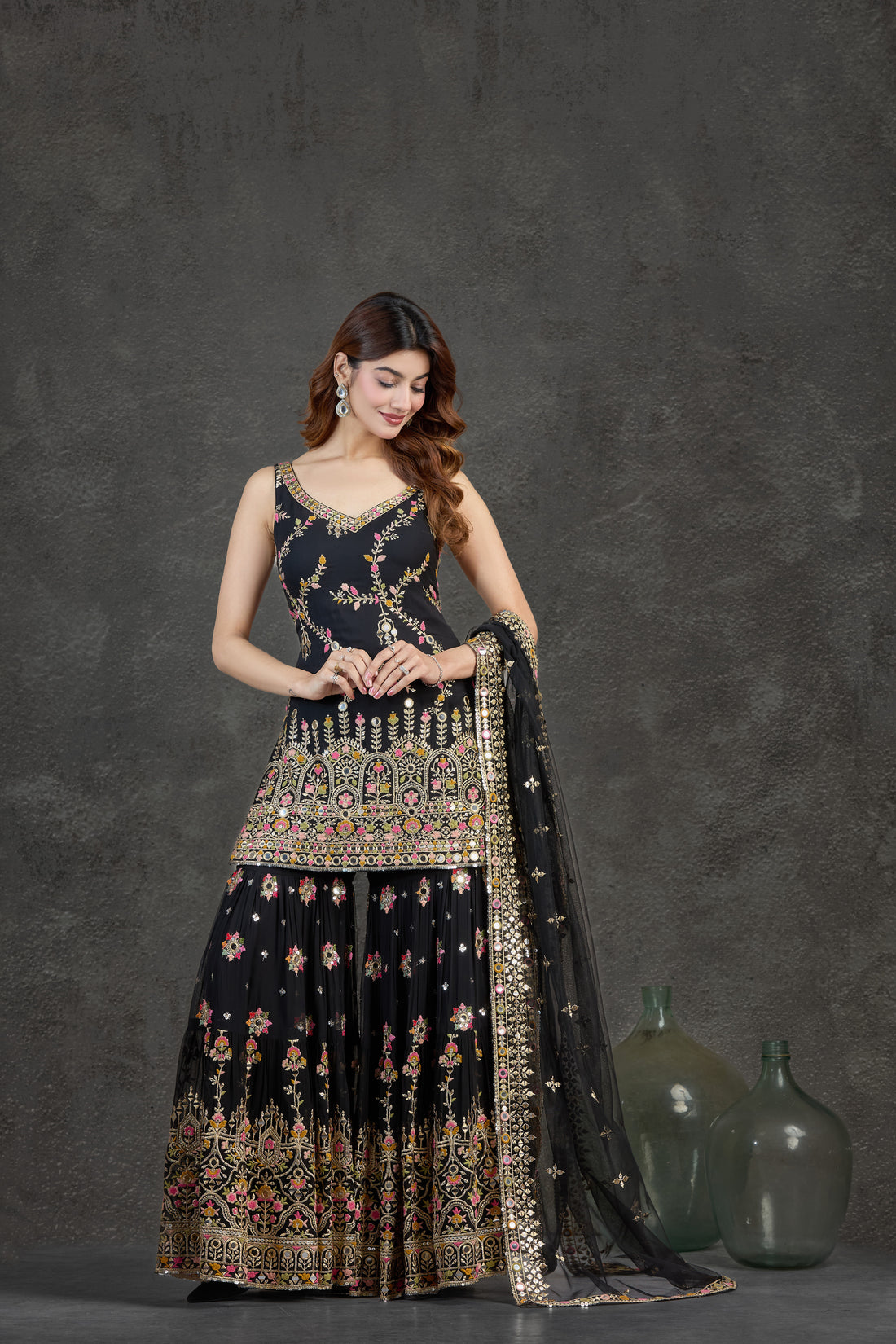 Black Gharara Set with Aari & Multicolour Thread Detailing